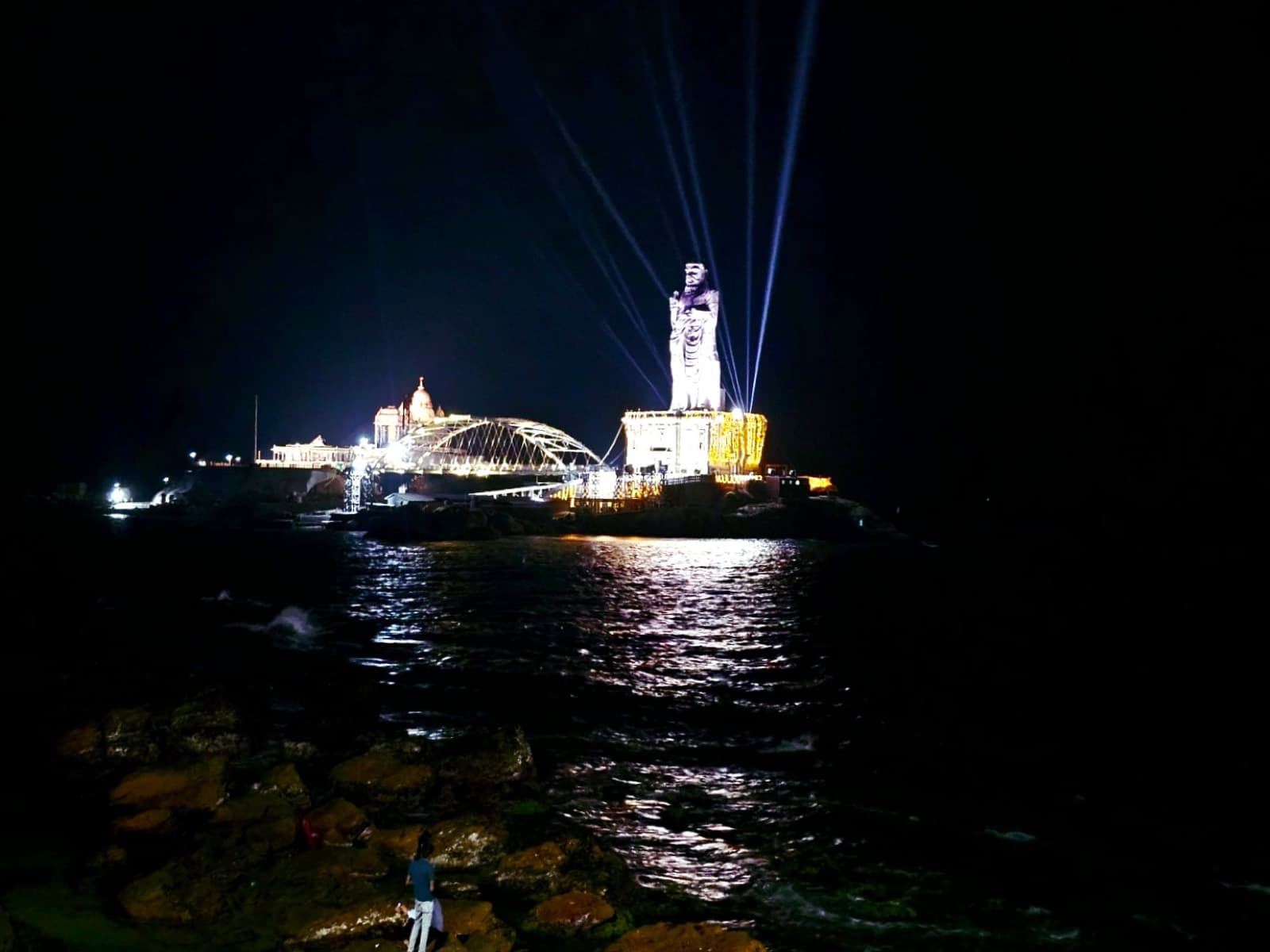 Thiruvalluvar Statue lit up at night, Kanyakumari