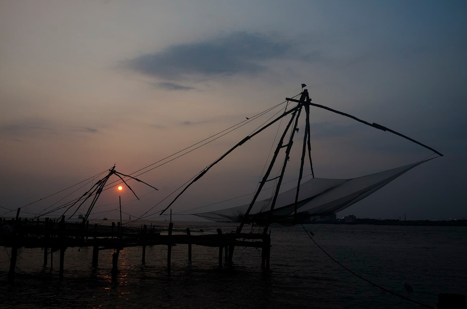 Chinese fishing nets at sunset, Fort Kochi